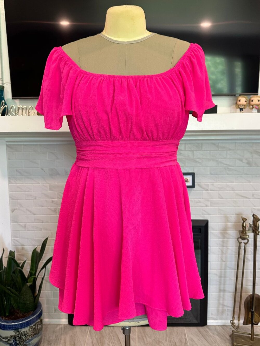 EXLURA - Ruffle Short Sleeve Tie Back Romper Dress Square Neck Hot Pink - Large